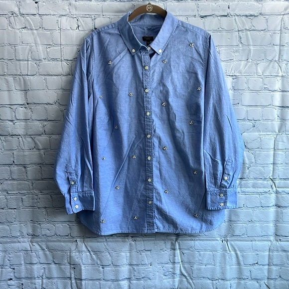Talbots Fleur De Lis Rhinestone Oxford blue button down Shirt‎ woman’s size 16 P - Picture 1 of 3